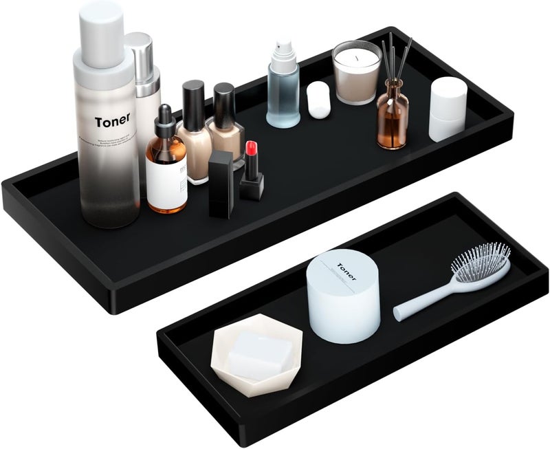 BBK Bathroom Vanity Tray- 2 Pack (7.8'' and 11.8'') Silicone Bathroom Tray for Counter, Perfume Key Trinket Ring Tray, Decor Soap Dispenser Countertop Tray for Kitchen Sink Organization.(Black) (VT2) - Image 1